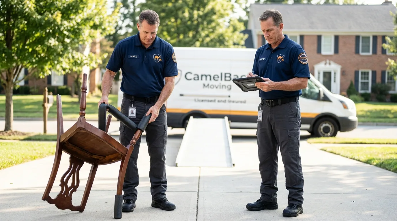 Movers inspecting furniture for damage prevention before loading in Carencro, LA