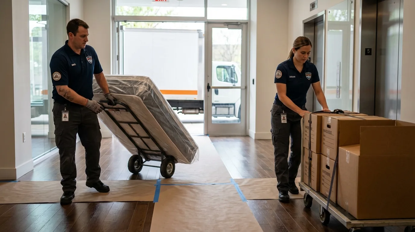 Professional apartment movers loading elevator in Carencro, LA