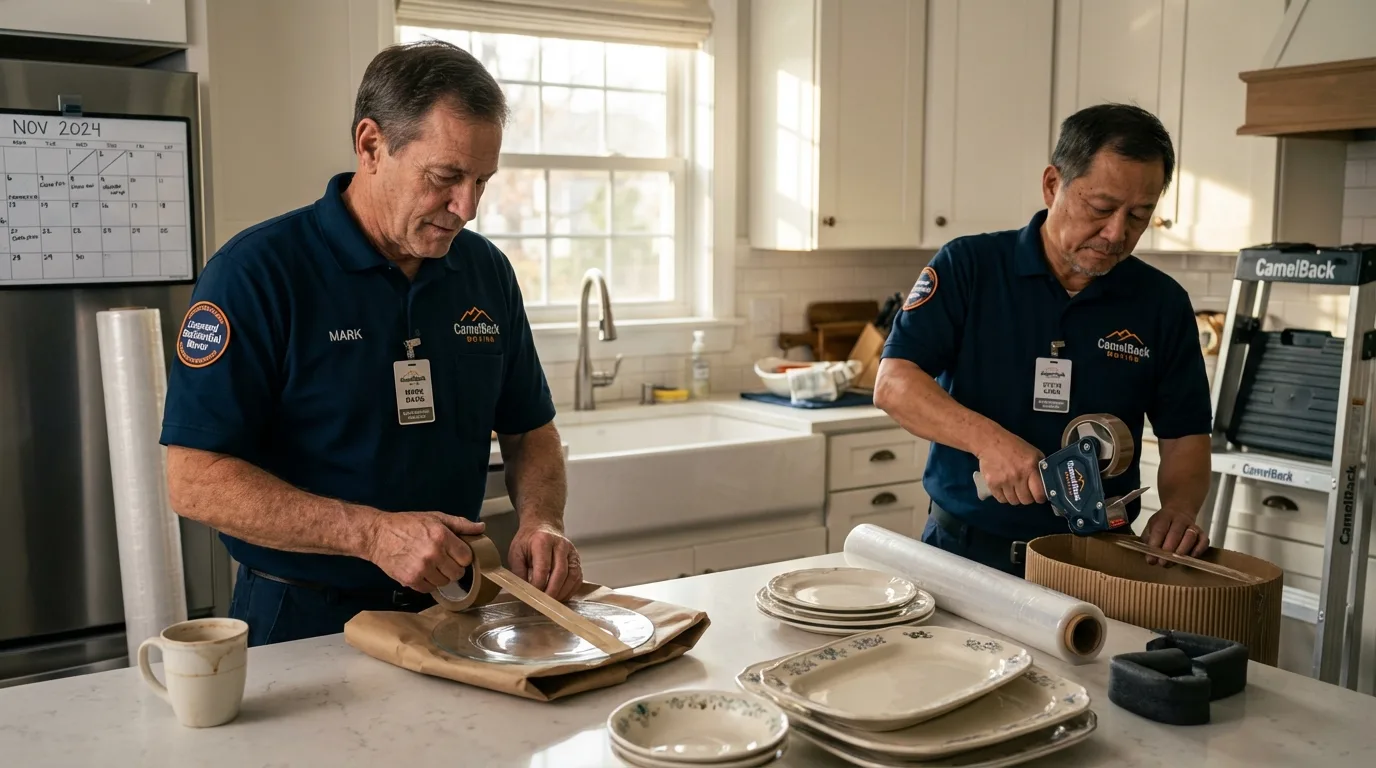 Professional crew packing kitchen dishware in Carencro, LA